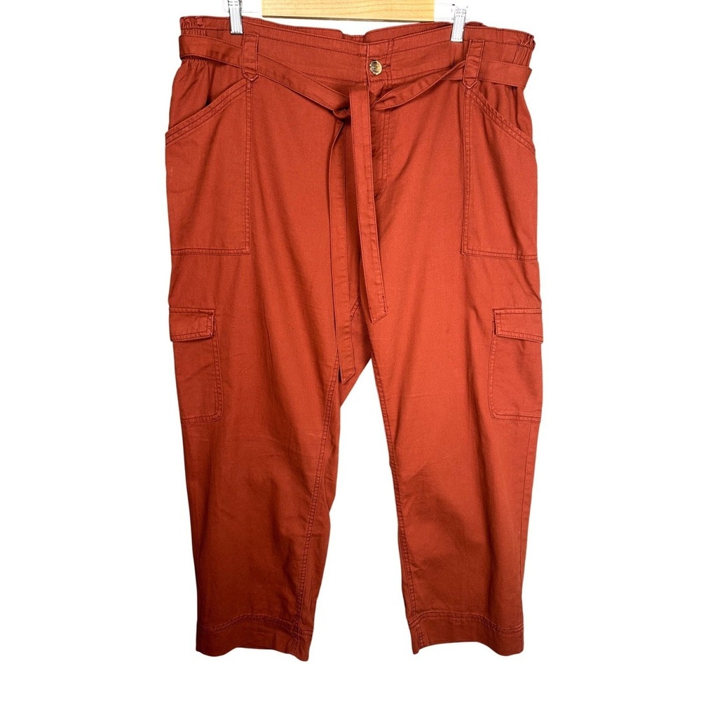 OLD NAVY Womens Utility Cargo Pants Rust Orange Paperbag Waist Belted Cropped XL - Picture 4 of 10